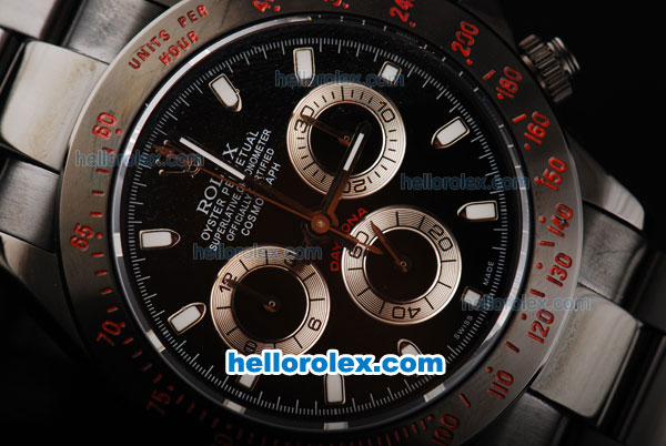 Rolex Daytona Swiss Valjoux 7750 Automatic Movement PVD Case with Black Dial-White Markers and PVD Strap - Click Image to Close